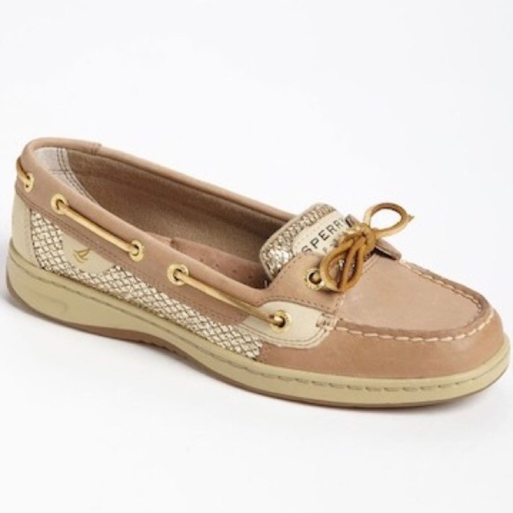 Gold and cream sperry slides